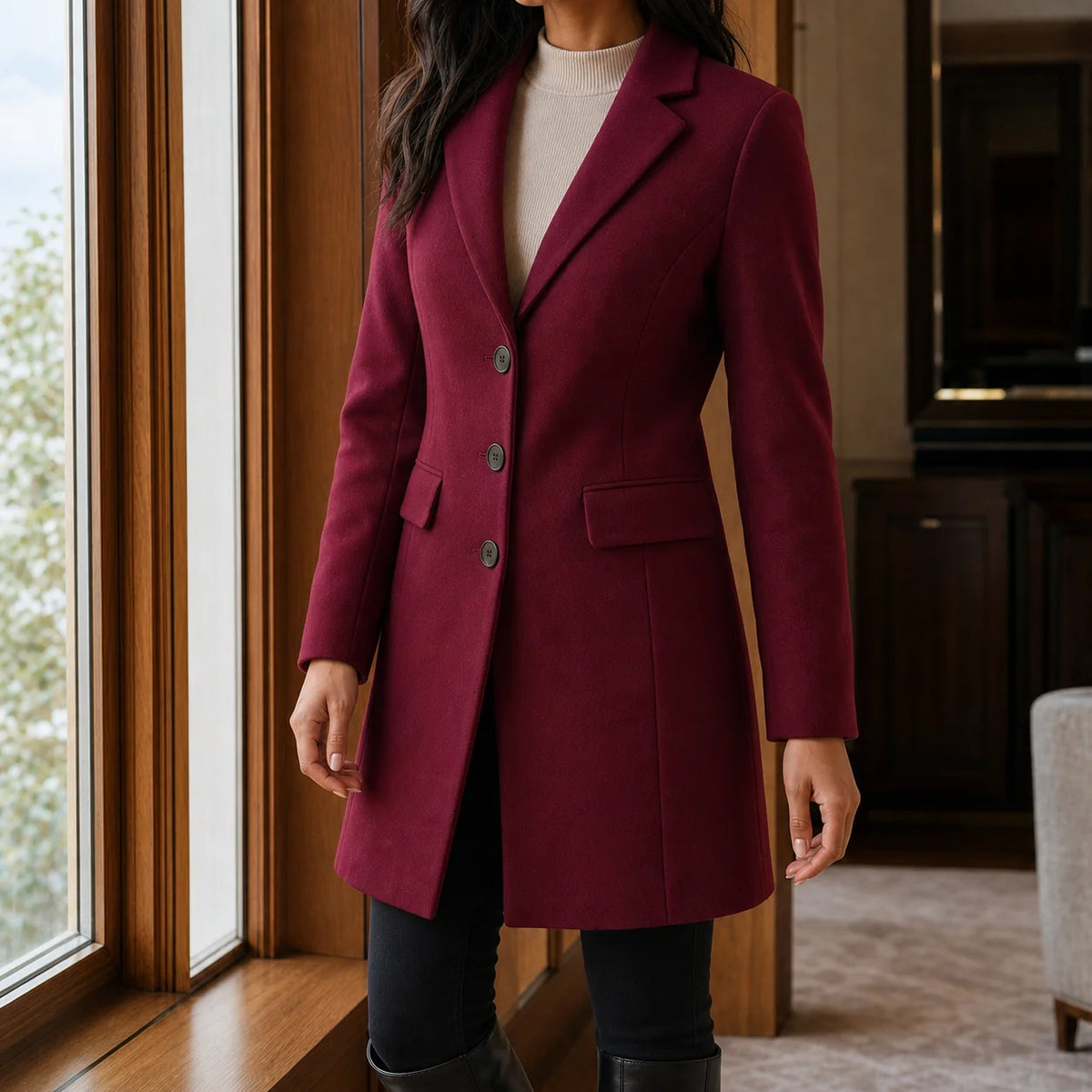 Women's wool blend fit-and-flare coat in green