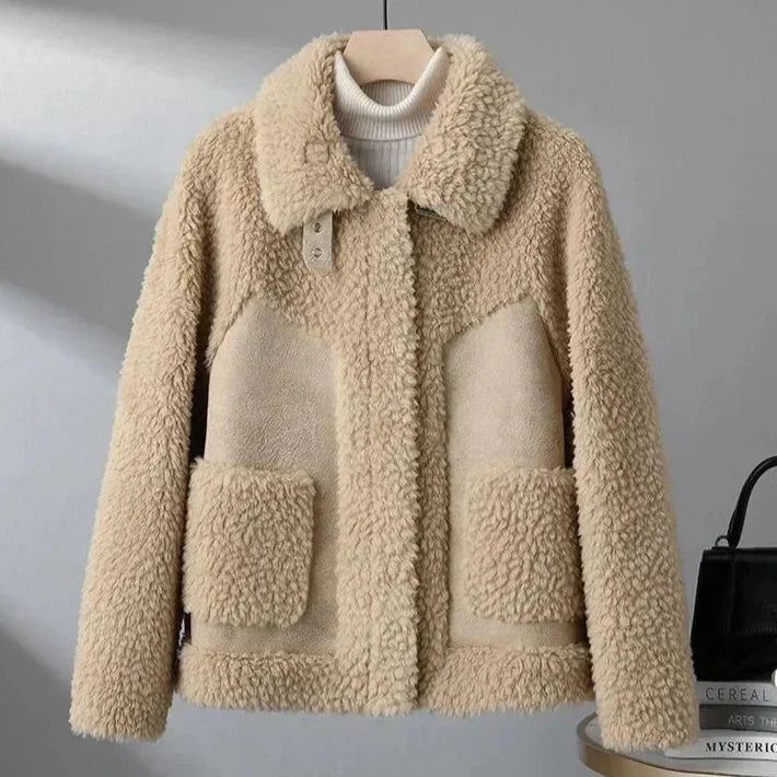 Women's camel collared fleece jacket with patch pockets