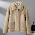 Women's camel collared fleece jacket with patch pockets