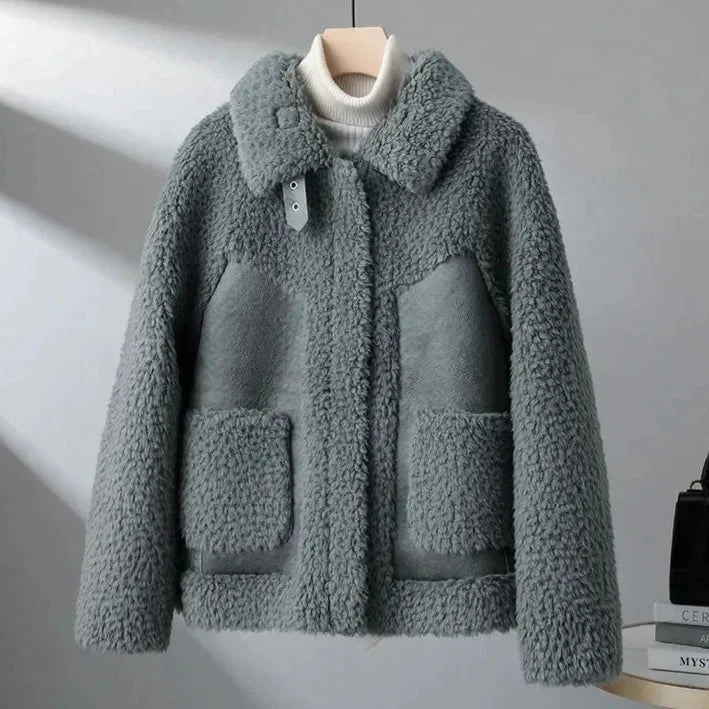 Women's gray collared fleece jacket with patch pockets