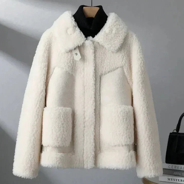 Women's beige collared fleece jacket with patch pockets