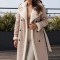 Women's beige double-breasted belted coat with shearling trim