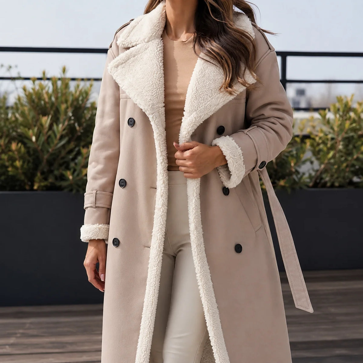 Women's beige double-breasted belted coat with shearling trim