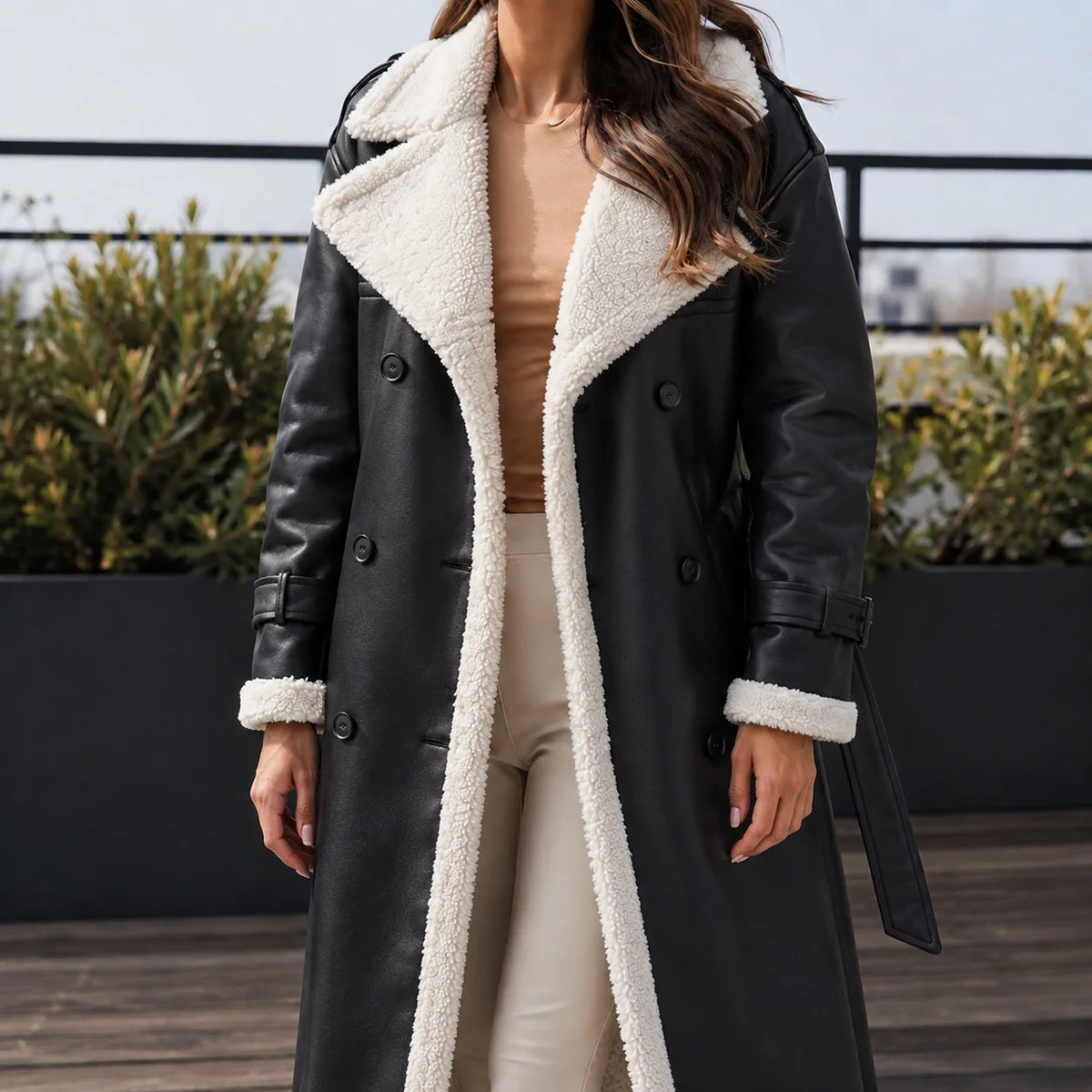 Women's bronze double-breasted belted coat with shearling trim