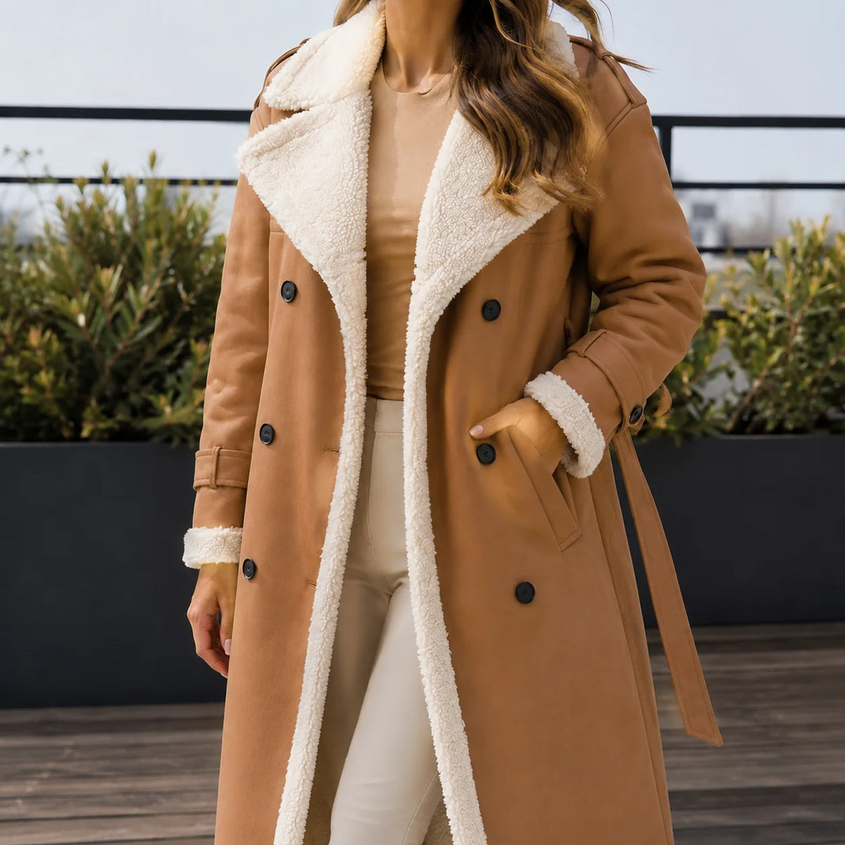 Women's brown double-breasted belted coat with shearling trim