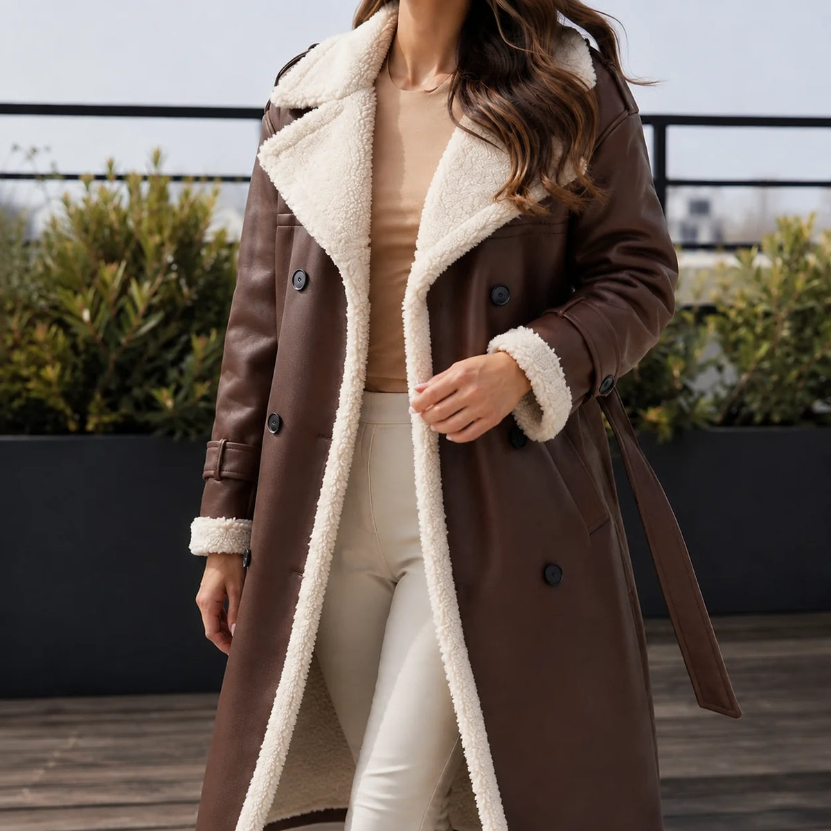 Women's double-breasted belted coat, shearling trim detail