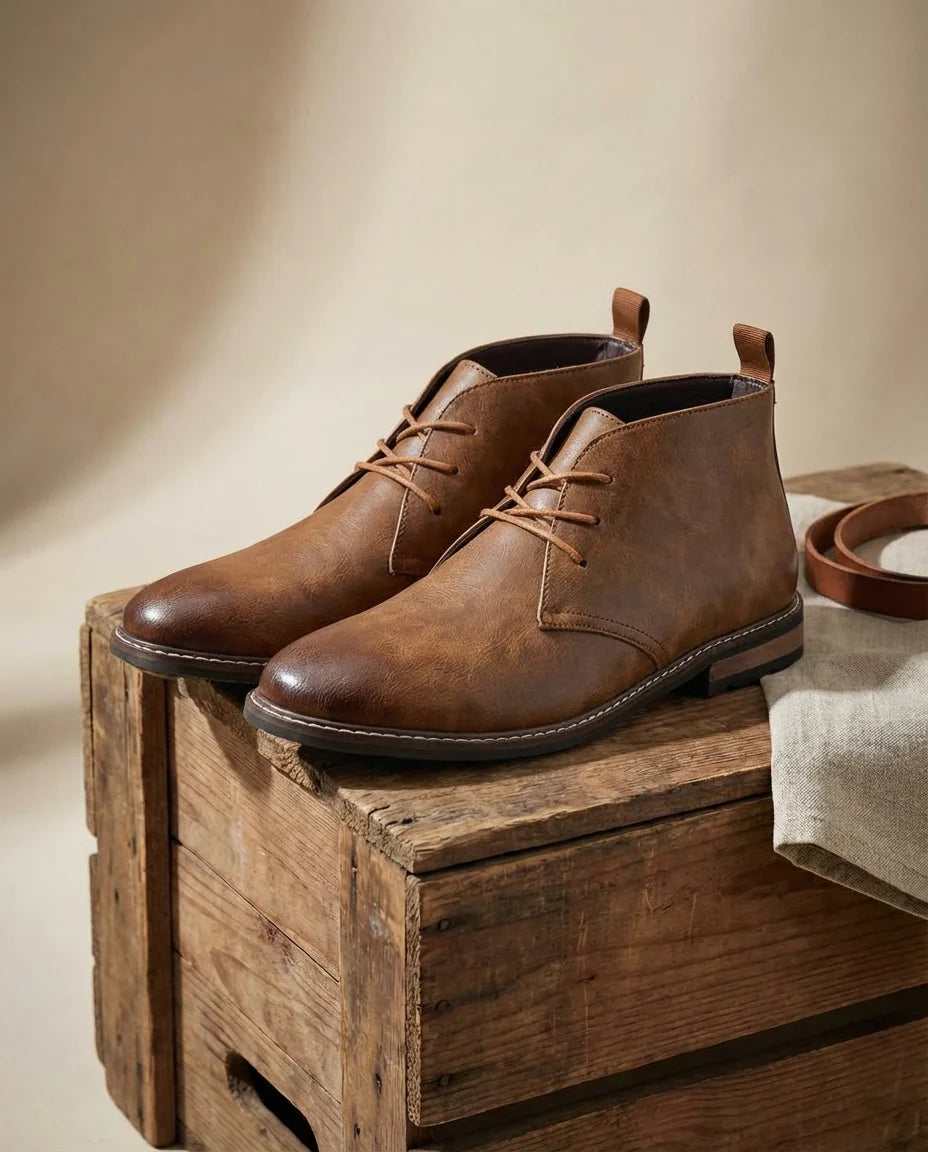 Close-up of the three-eyelet lacing on the pull-up leather Chukka boots