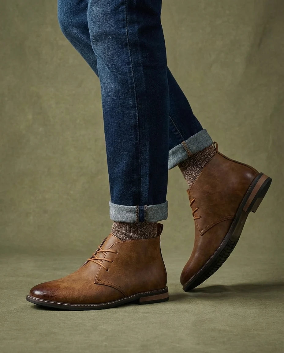 Close-up of the tonal leather shading on the Chukka boots