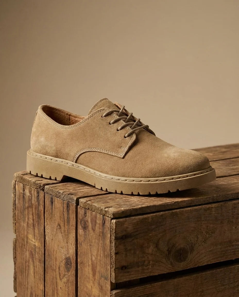 Close-up of the lace-up front on the beige suede derby shoes