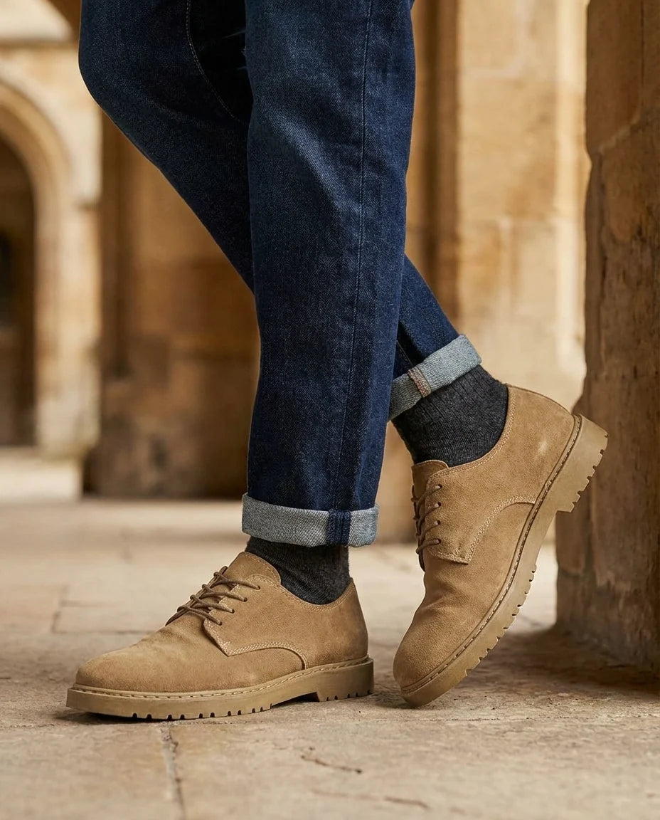 Close-up of the lace-up front on the black suede derby shoes