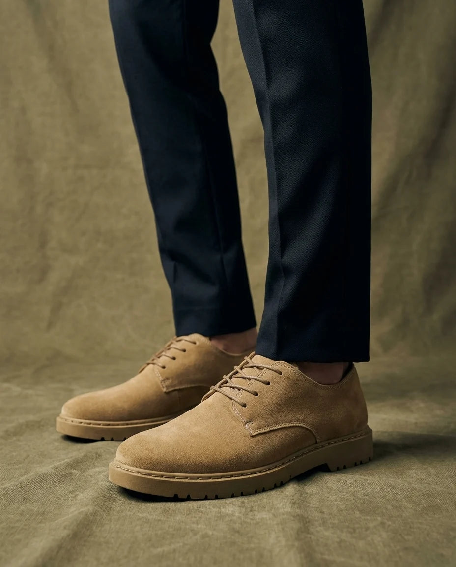 Side view of the men's suede derby shoes