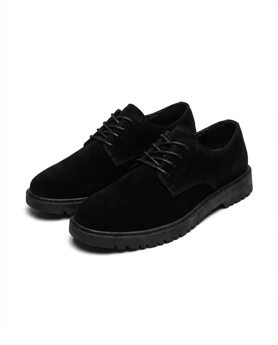 Men's suede derby shoes styled on foot