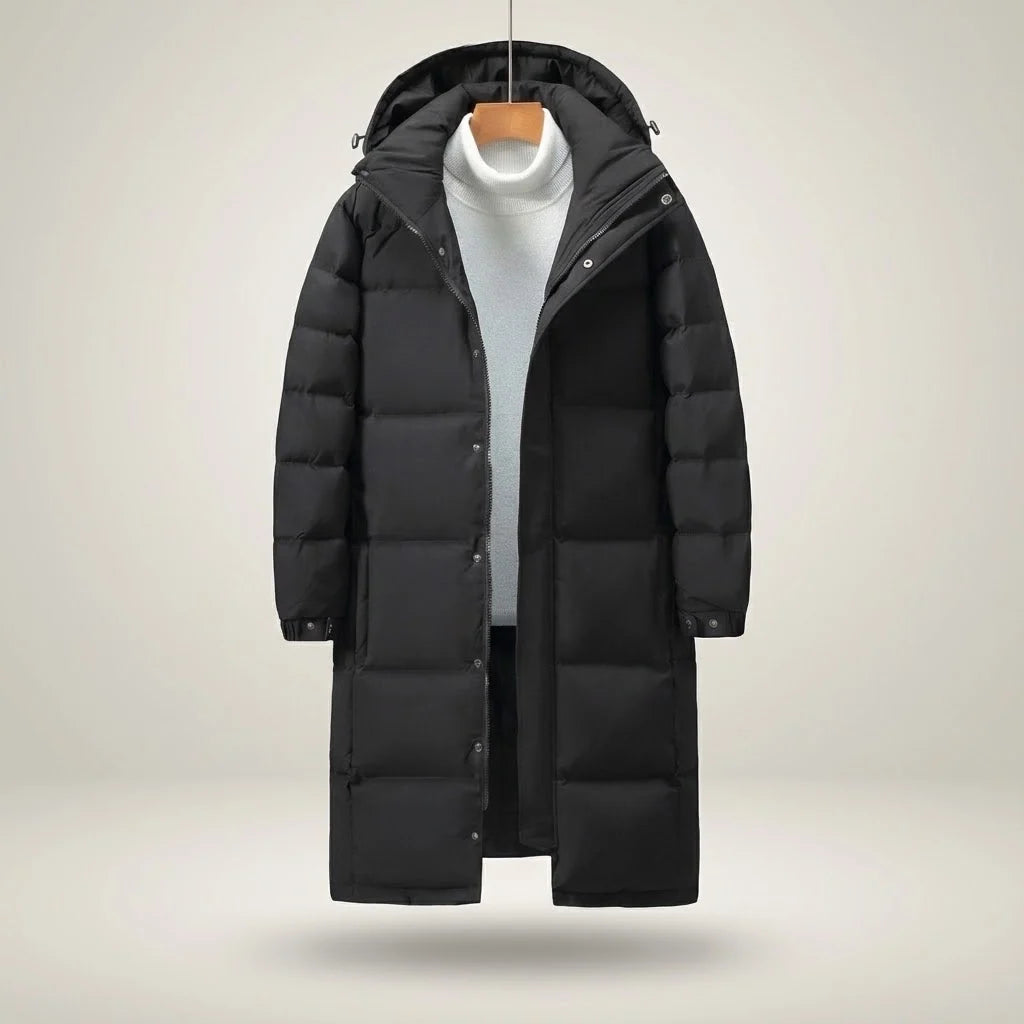 Long Hooded Puffer Coat in Black