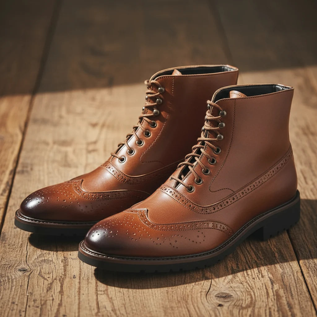 Close-up of the wingtip broguing on the brown boots