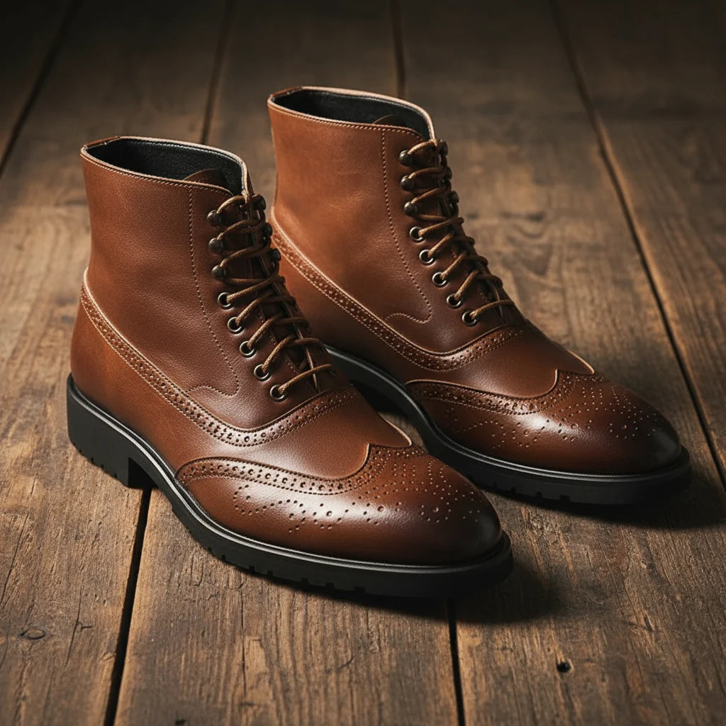 Men's wingtip brogue boots in black with chunky lug sole