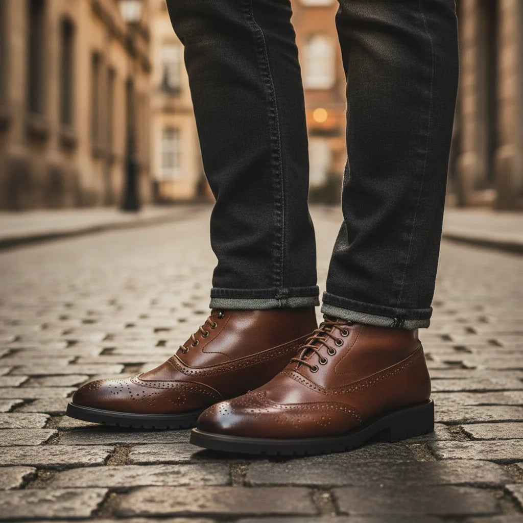 Close-up of the toe medallion on the black brogue boots