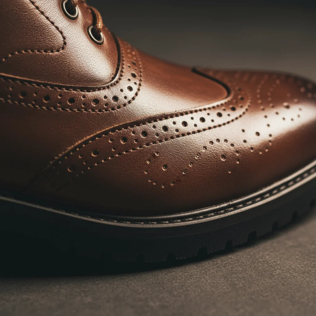 Close-up of the seven-eyelet lacing on the men's brogue boots
