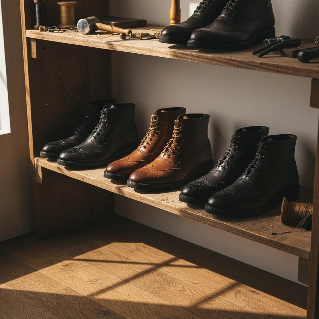 Men's wingtip brogue boots styled on foot