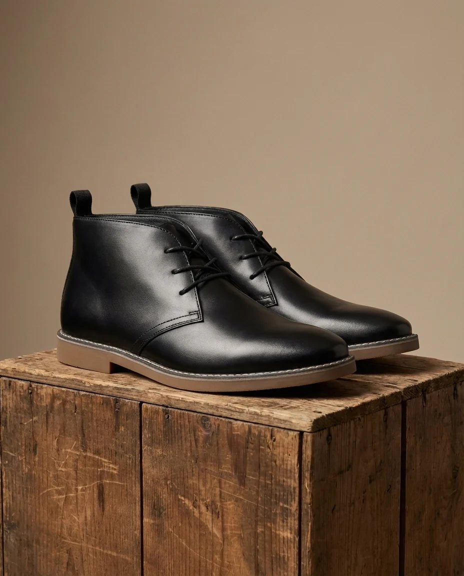Close-up of the two-tone gum sole on the black Chukka boots