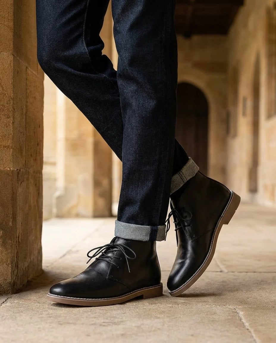 Close-up of the two-tone gum sole on the brown Chukka boots