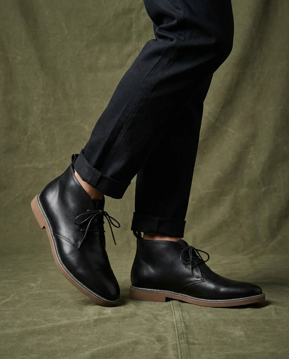Close-up of the two-eyelet lacing on the men's Chukka boots