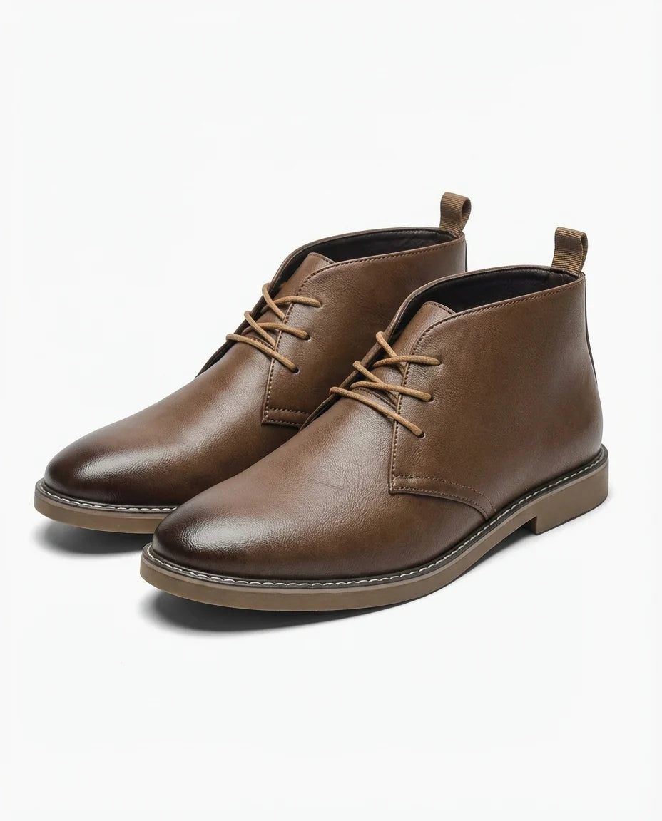 Men's smooth leather Chukka boots styled on foot