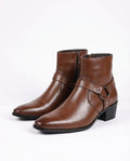 Men's leather western ankle boots in brown with harness strap