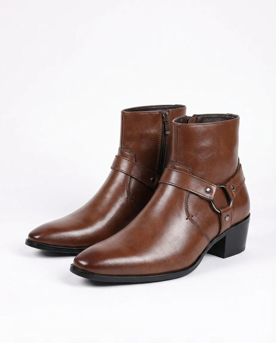 Men's leather western ankle boots in brown with harness strap