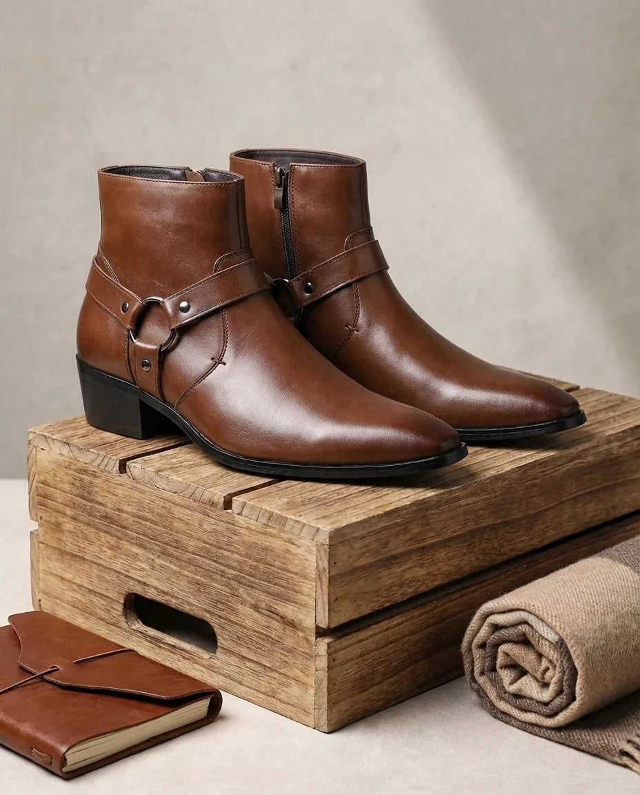 Close-up of the O-ring harness strap on the brown western boots