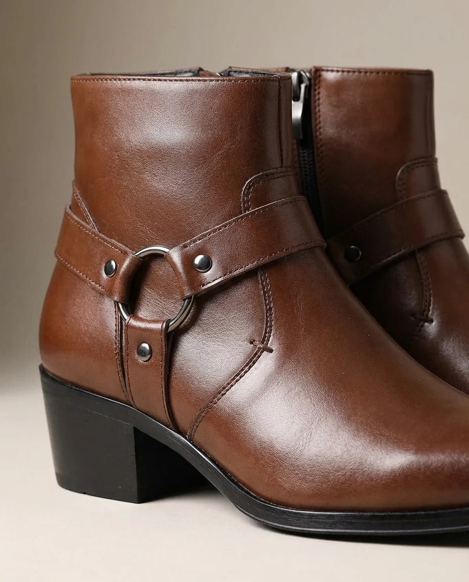 Men's leather western ankle boots in black with harness strap
