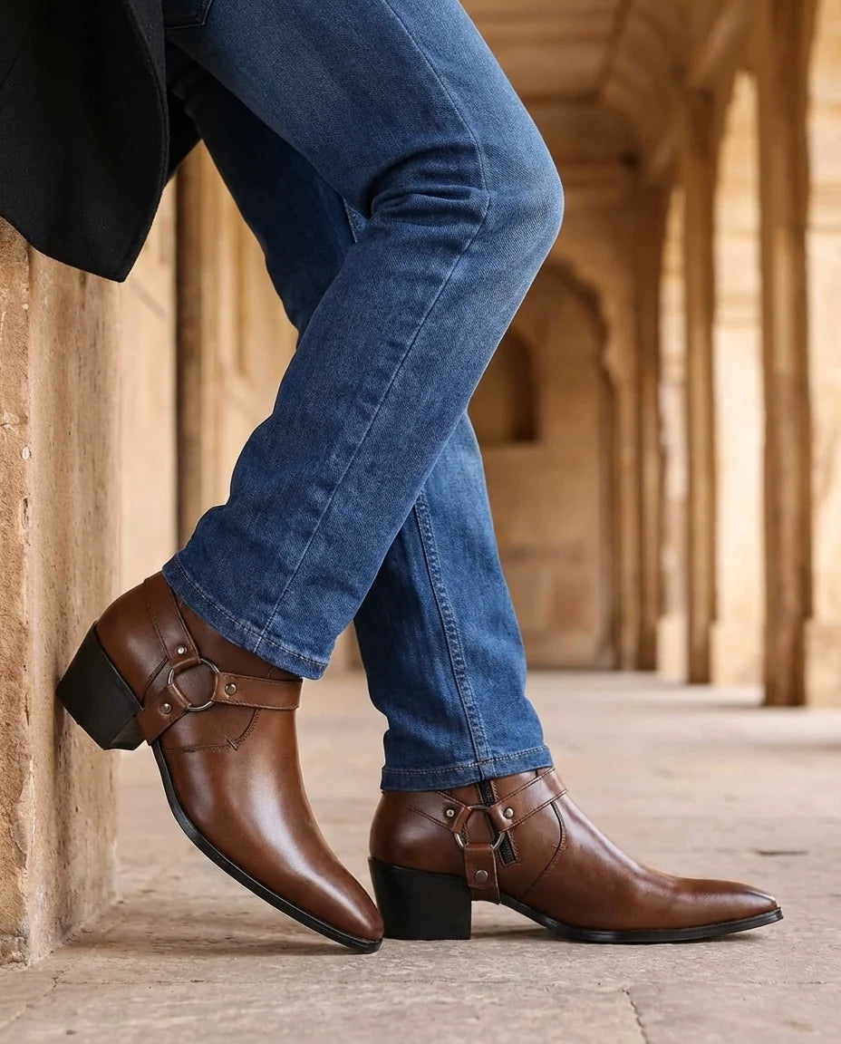 Close-up of the side zipper on the men's western ankle boots