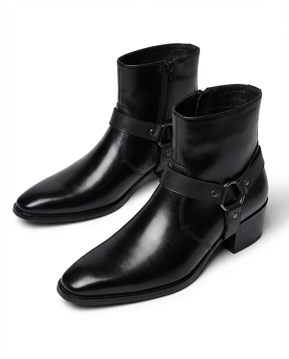 Men's leather western ankle boots styled on foot