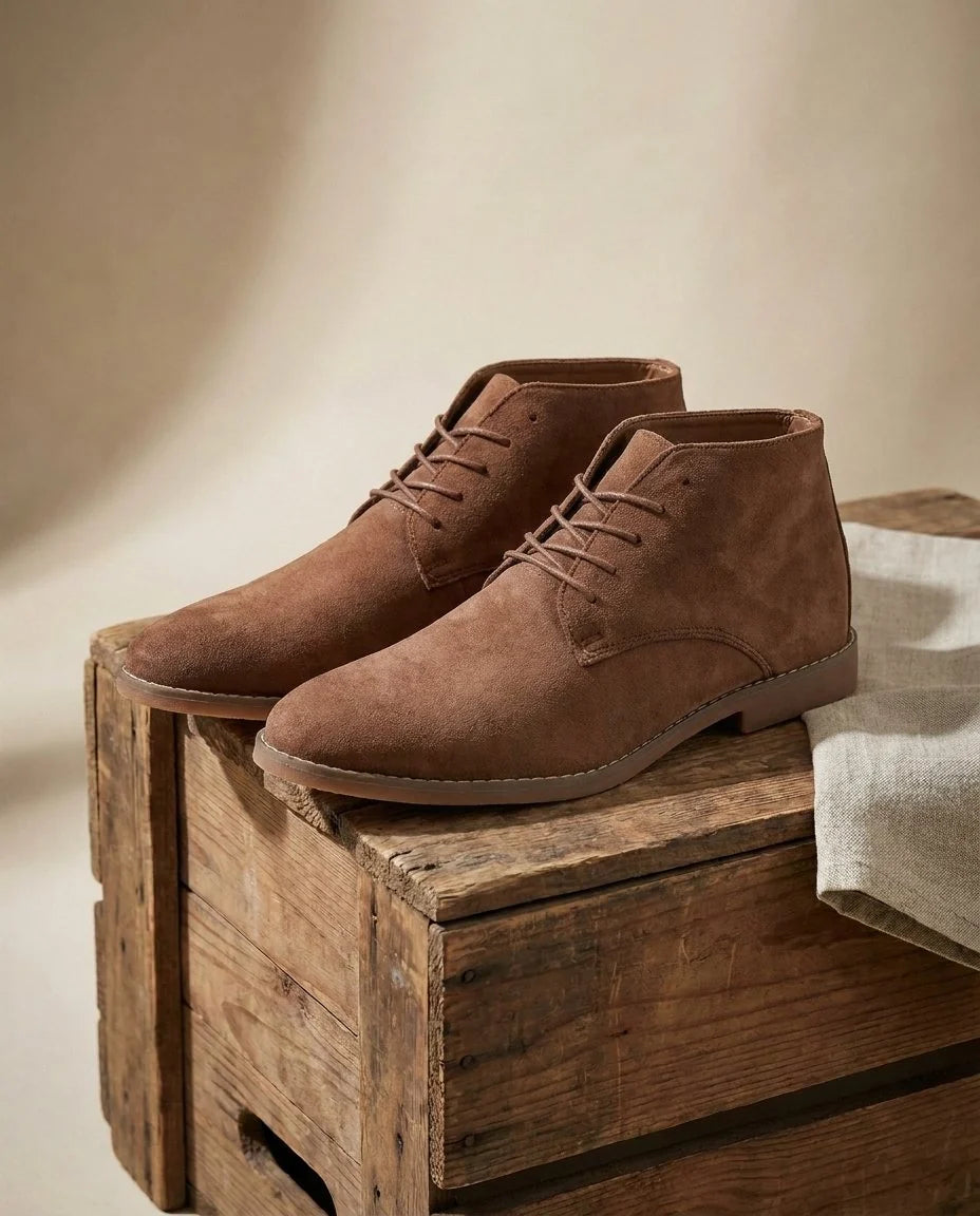 Close-up of the two-eyelet lacing on the brown Chukka boots