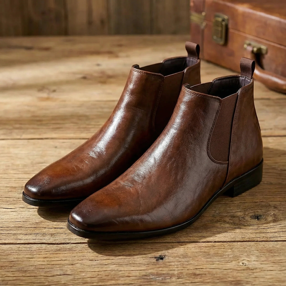 Close-up of the round toe on the brown Chelsea boots