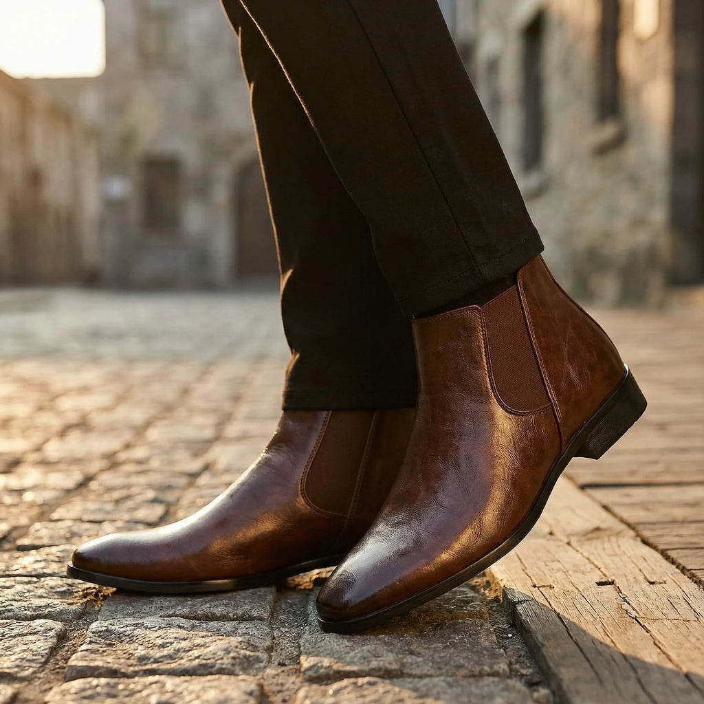 Close-up of the tonal elastic gore on the black Chelsea boots