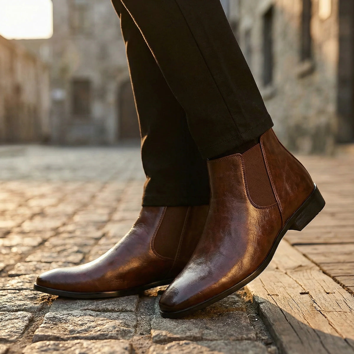 Close-up of the tonal elastic gore on the black Chelsea boots