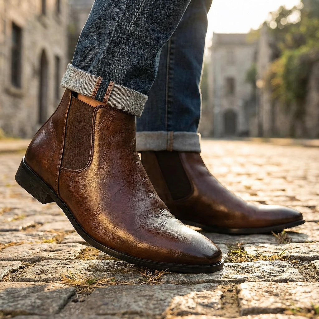 Close-up of the burnished leather finish on the men's Chelsea boots