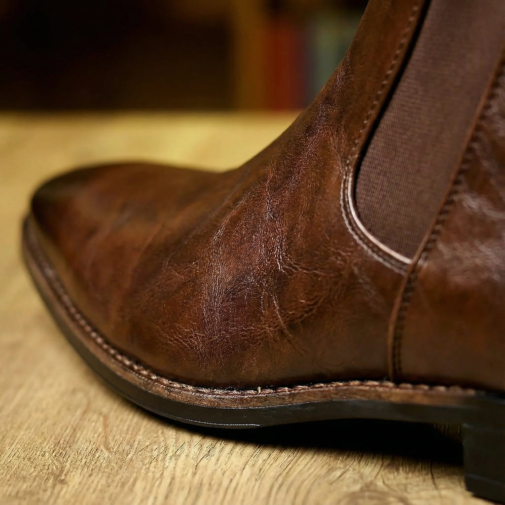Men's burnished leather Chelsea boots styled on foot