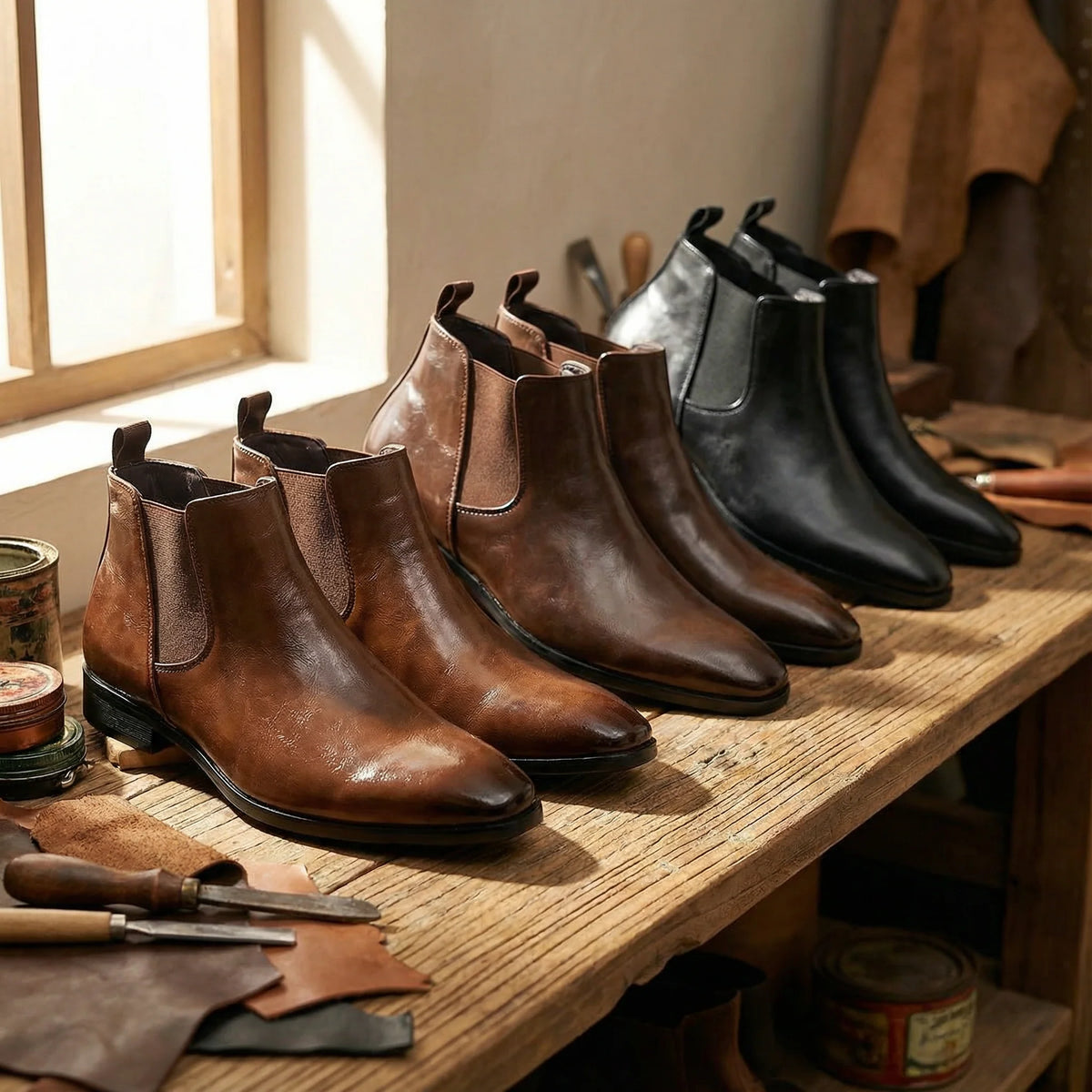 Side view of the men's burnished leather Chelsea boots