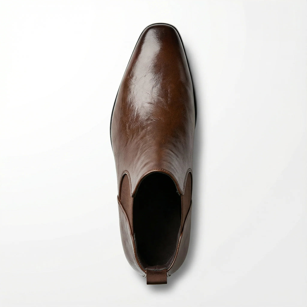 Back view of the men's burnished leather Chelsea boots