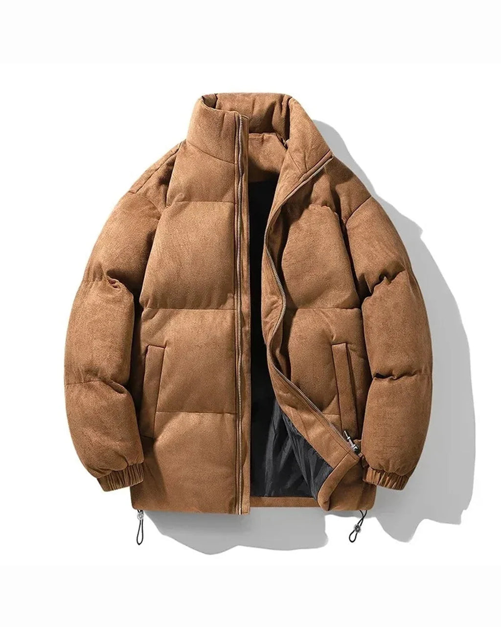 Oversized quilted puffer jacket in brown with ribbed cuffs