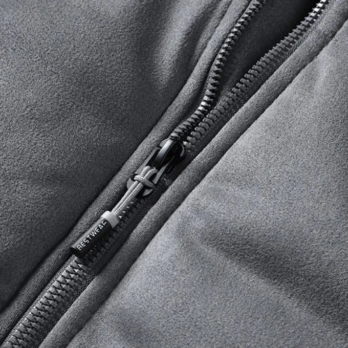Close-up of the full-zip front on the puffer jacket