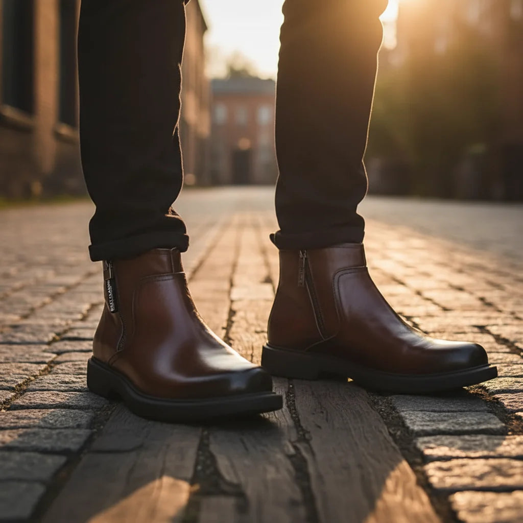 Men's Burnished Leather Ankle Boots – Zip Detail