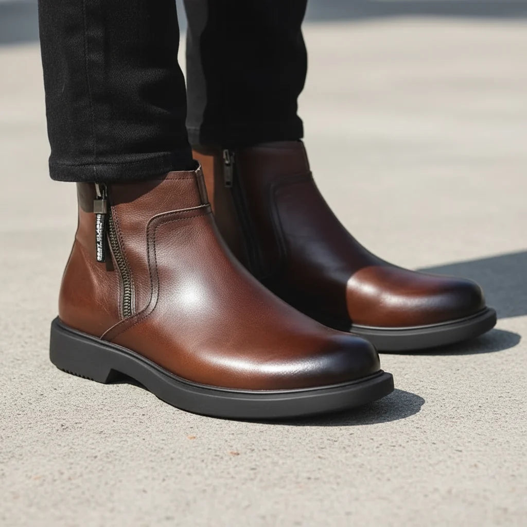 Men's Burnished Leather Ankle Boots – Worn View