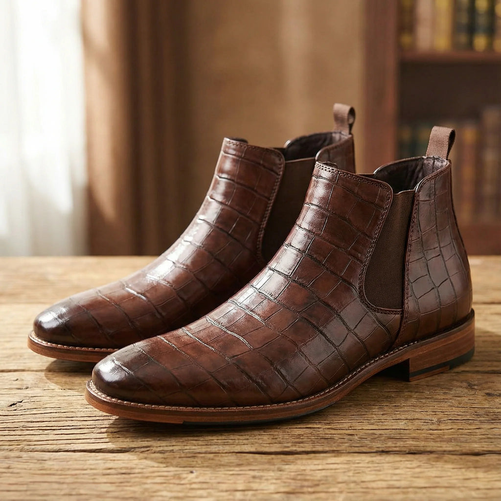 Close-up of the alligator-embossed texture on the dark brown Chelsea boots