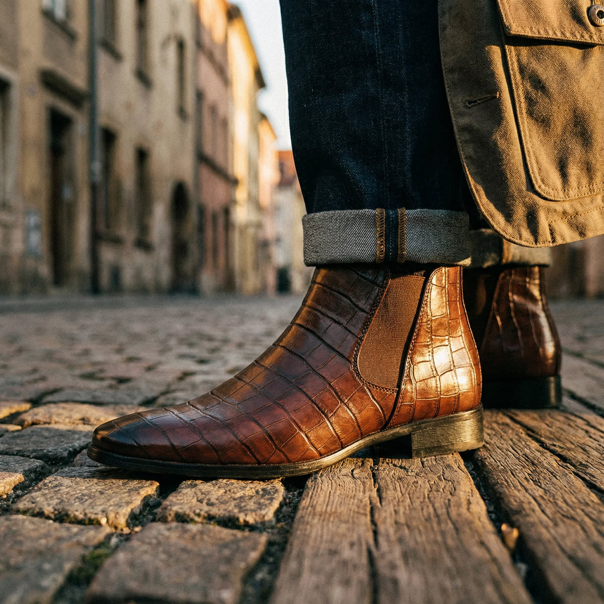 Close-up of the alligator-embossed texture on the brown Chelsea boots