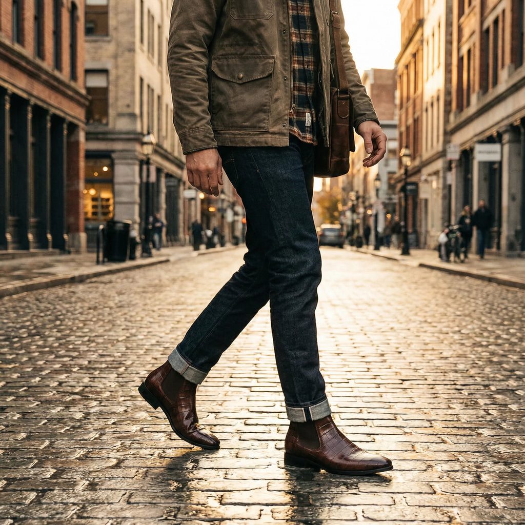 Men's alligator-embossed leather Chelsea boots in maroon