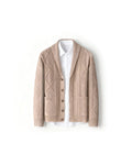 Men's wool cable knit cardigan in beige with shawl collar