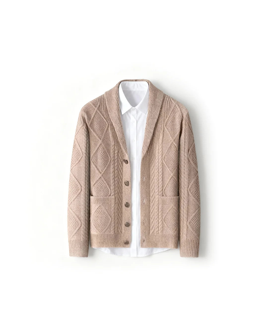 Men's wool cable knit cardigan in beige with shawl collar