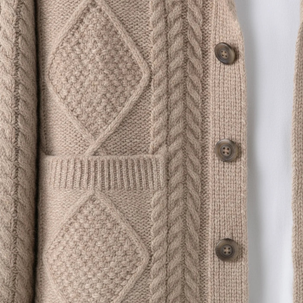 Close-up of the shawl collar on the beige wool cardigan